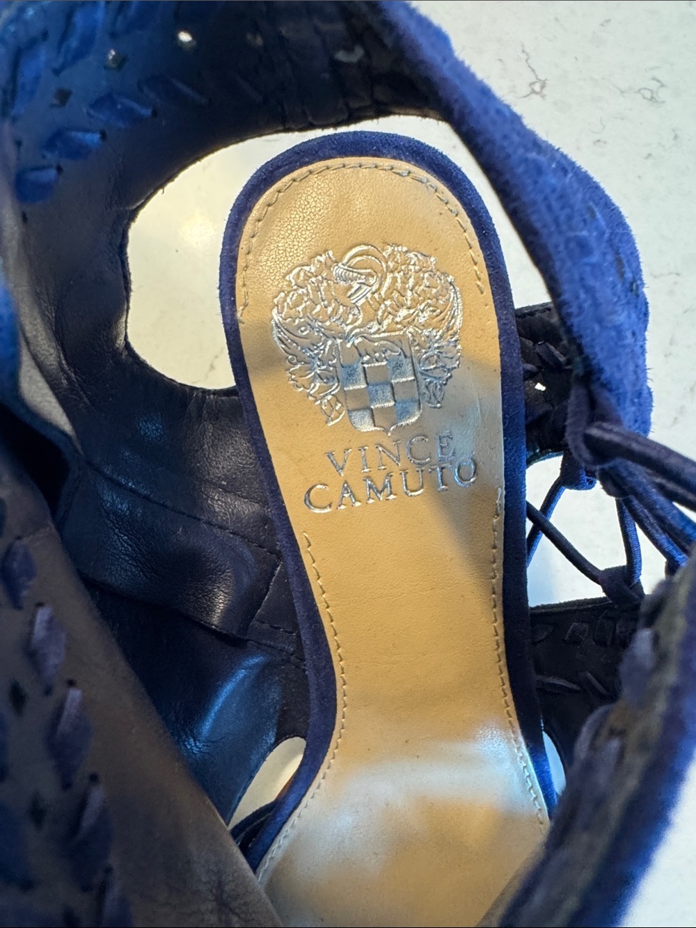 Vince Camuto Navy Suede Cutout Open-Toe Ankle Heels - Picture 2 of 5